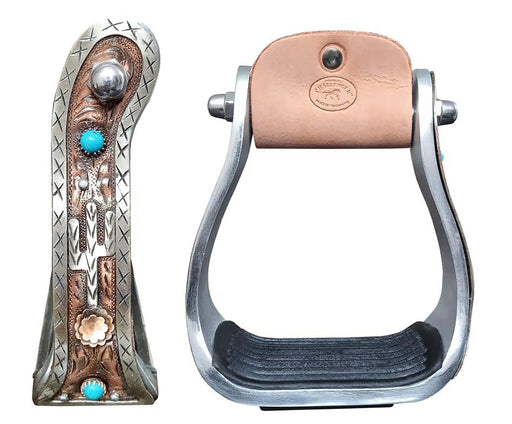 Western Cactus Turquoise Stone Engraved Barrel Racing Aluminum Saddle Show Stirrups 51254