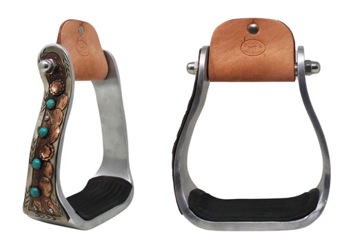 Western Copper Cactus Engraved Turquoise Rhinestone Barrel Racing Aluminum Stirrups 51255