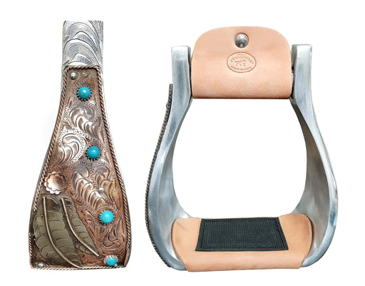 Western 6" Wide Copper Engraved Feather Turquoise Stone Bell Stirrups 51257