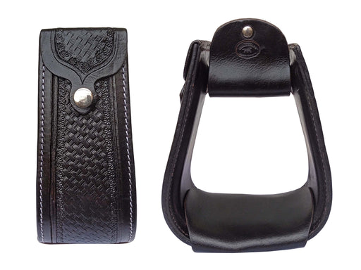 Challenger Western Leather Wrapped Stirrups Tooled Basket Weave Design with Leather Tread Saddle Stirrups 3-1/2" Tread 51266
