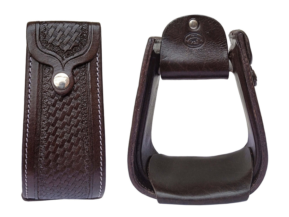Challenger Western Leather Wrapped Stirrups Tooled Basket Weave Design with Leather Tread Saddle Stirrups 3-1/2" Tread 51266