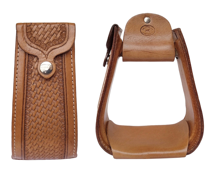 Challenger Western Leather Wrapped Stirrups Tooled Basket Weave Design with Leather Tread Saddle Stirrups 3-1/2" Tread 51266