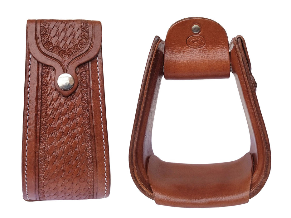 Challenger Western Leather Wrapped Stirrups Tooled Basket Weave Design with Leather Tread Saddle Stirrups 3-1/2" Tread 51266