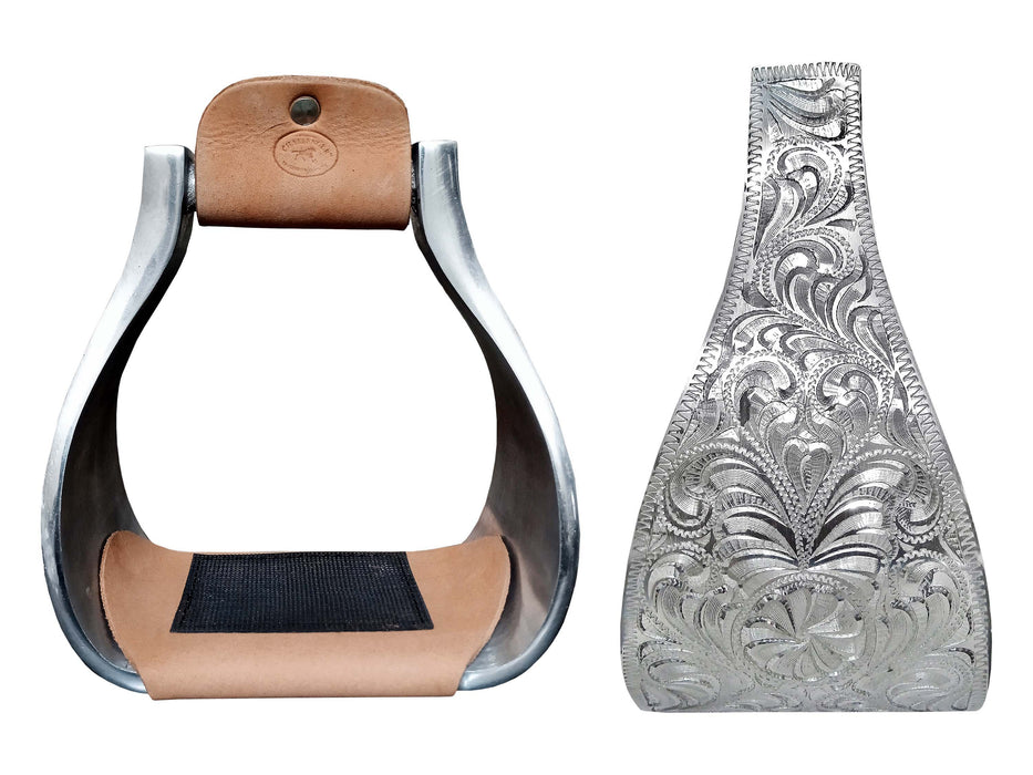 Challenger Western Roper Saddle Stirrup - Engraved Lightweight Aluminum with Rubber Grip Tread | 6" Wide x 5-3/4" H | 51267v