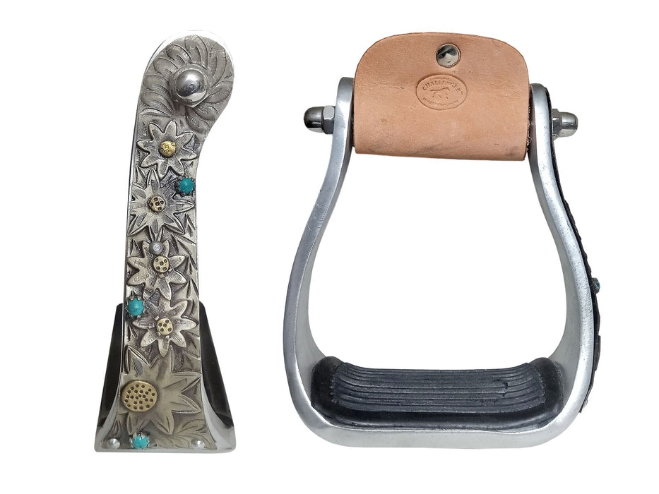 Horse 4-1/2" Aluminum Floral Engraved Western Riding Barrel Saddle Stirrups 51272