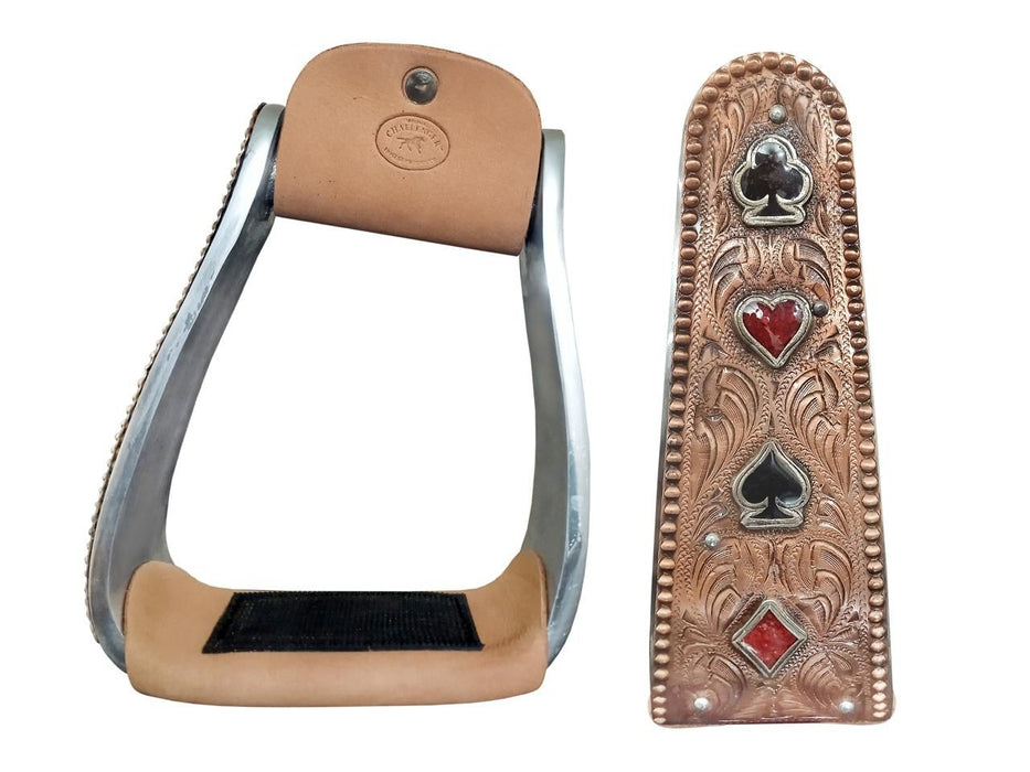 Horse Western 5" Wide Card Suit Engraved Bronze Angled Show Stirrups 51275BZ