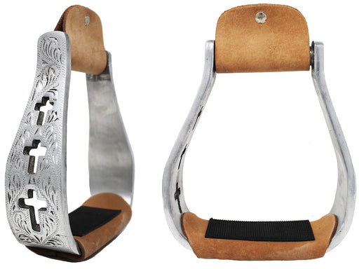 Western Show Horse Saddle Stirrups Aluminum Leather Tread Cross Engraved 5145v