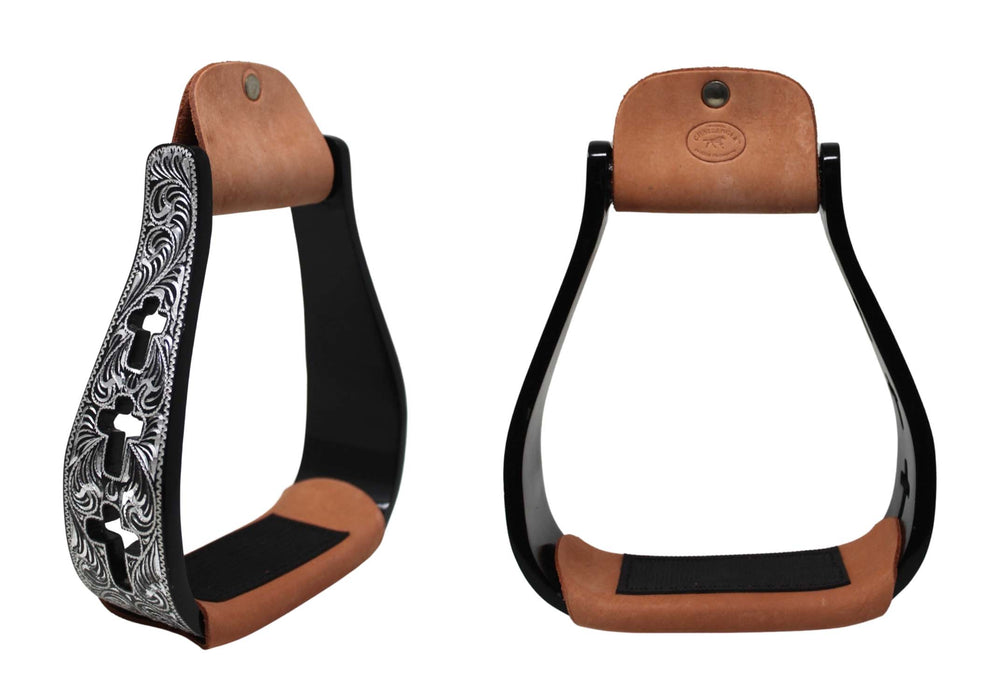 Western Show Horse Saddle Stirrups Aluminum Leather Tread Cross Engraved 5145v