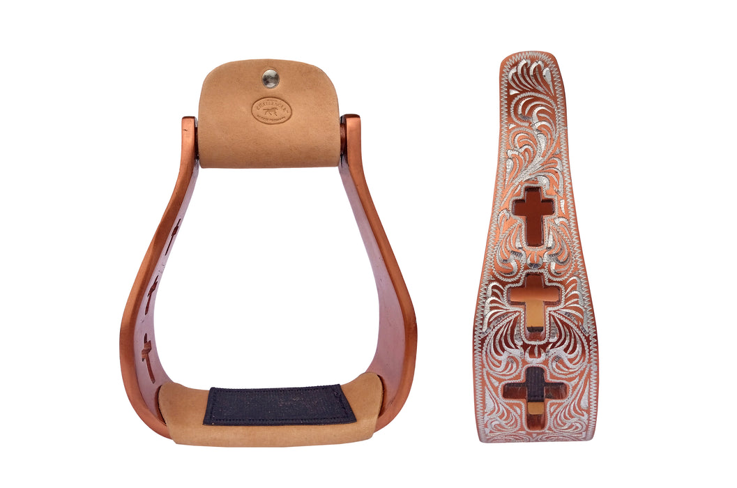 Western Show Horse Saddle Stirrups Aluminum Leather Tread Cross Engraved 5145v