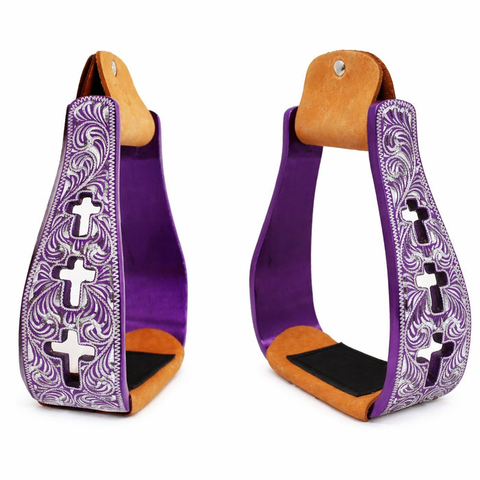 Western Show Horse Saddle Stirrups Aluminum Leather Tread Cross Engraved 5145v