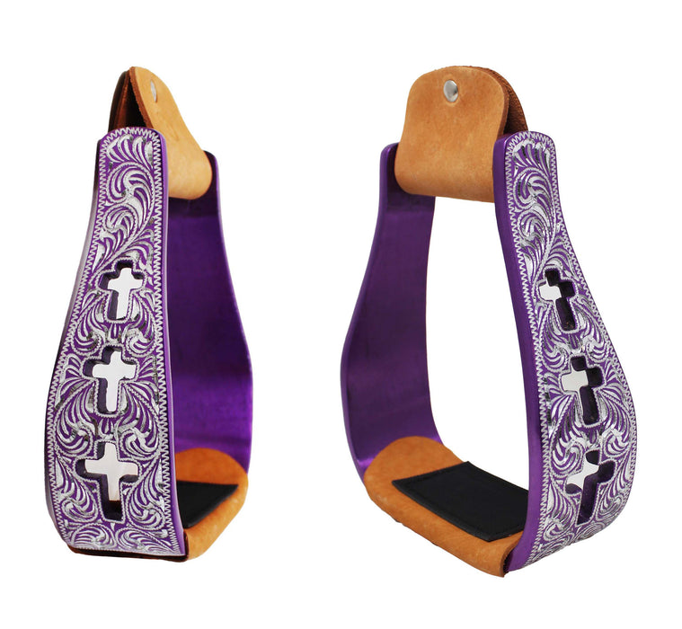 Western Show Horse Saddle Stirrups Aluminum Leather Tread Cross Engraved 5145v