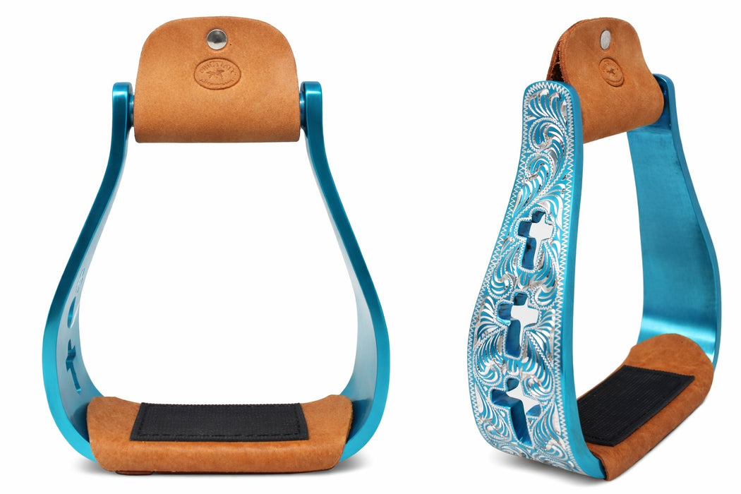 Western Show Horse Saddle Stirrups Aluminum Leather Tread Cross Engraved 5145v