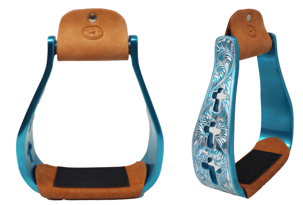 Western Show Horse Saddle Stirrups Aluminum Leather Tread Cross Engraved 5145v