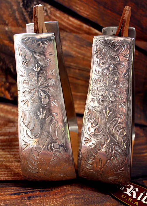 Western Horse Saddle Stirrups 3" Tread Engraved Aluminum Deep Roper 5-1/2" Wide 5156