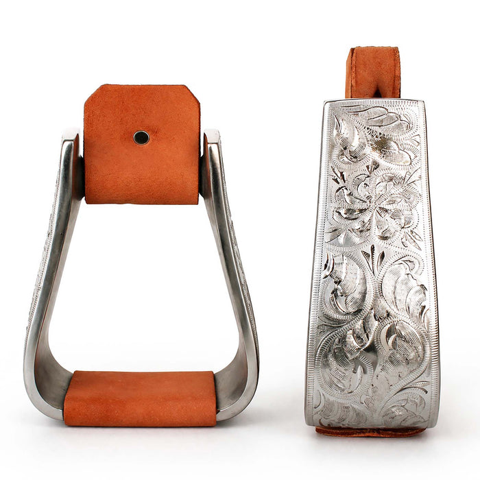 Western Horse Saddle Stirrups 3" Tread Engraved Aluminum Deep Roper 5-1/2" Wide 5156