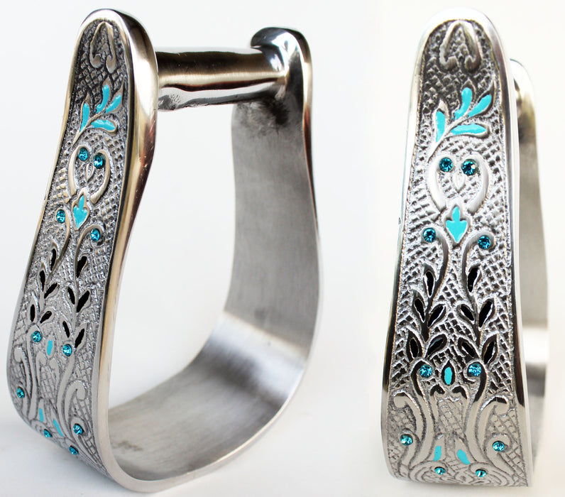 Pro Rider Western Show Horse Aluminum Engraved Stirrups Turquoise Crystals Bling 5174