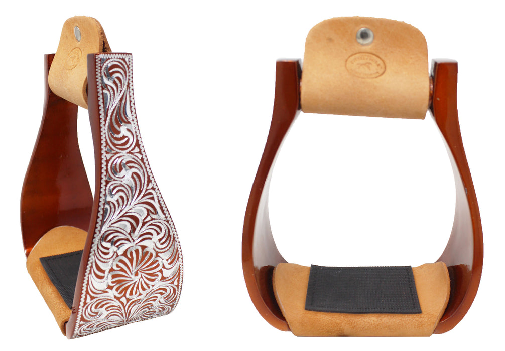 Horse Western 5" Wide Bronze Engraved Aluminum Rubber Tread Show Stirrups 5176BZ