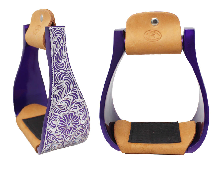 Horse Western 5" Wide Purple Engraved Aluminum Rubber Tread Show Stirrups 5176PR