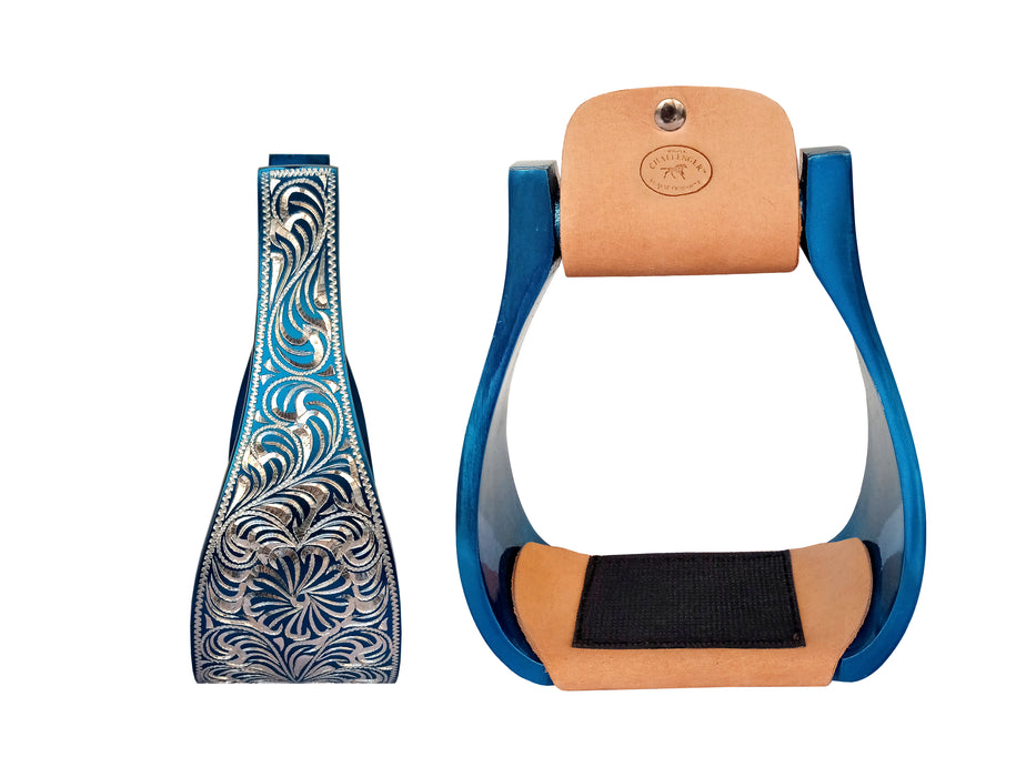 Horse Western 5" Wide Turquoise Engraved Aluminum Rubber Tread Show Stirrups 5176TR
