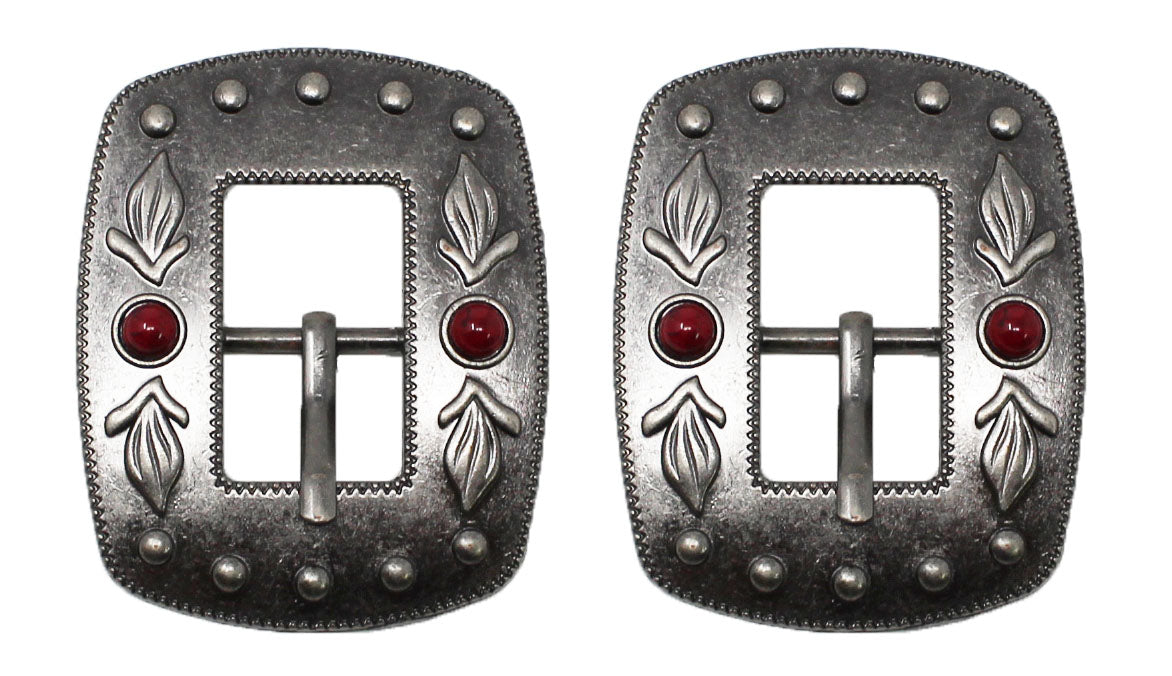 Horse Set of 2 Tack 3/4" Antique Nickle Finish Buckles w/ Red Stones