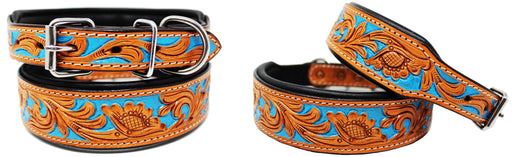 Dog Puppy Collar Genuine Cow Leather Padded Turquoise Tooled 60104