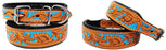 Dog Puppy Collar Genuine Cow Leather Padded Turquoise Tooled 60104