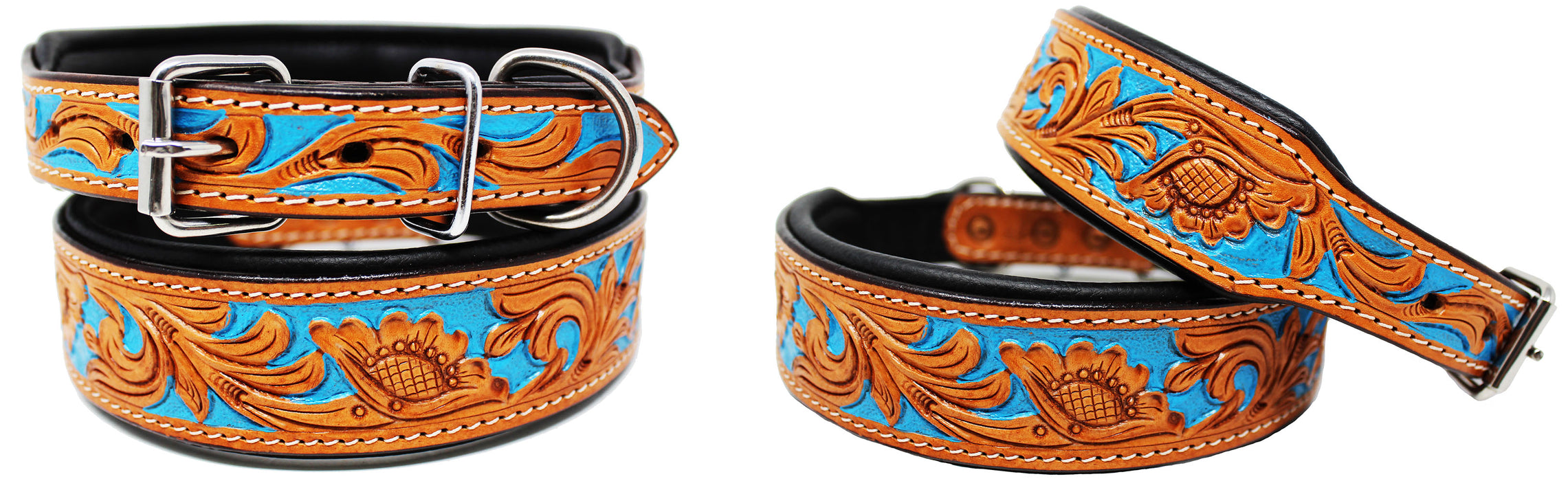 Dog Puppy Collar Genuine Cow Leather Padded Turquoise Tooled 60104