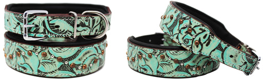 Dog Puppy Collar Genuine Cow Leather Padded Canine Turquoise Gator 60109