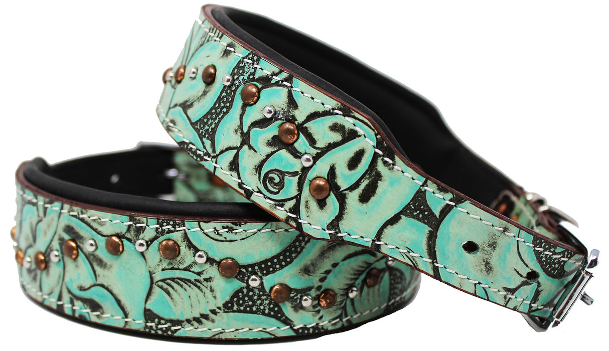 Dog Puppy Collar Genuine Cow Leather Padded Canine Turquoise Gator 60109