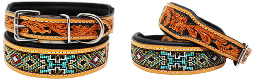 Dog Puppy Collar Genuine Cow Leather Padded Canine  Beaded 60115