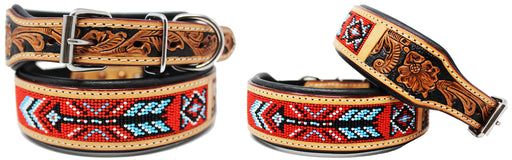 Hand Tooled Beaded Padded Leather Dog Collar  60123