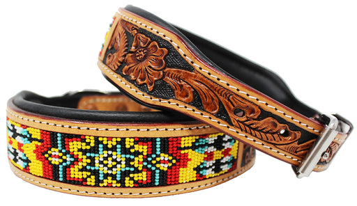 Hand Tooled Beaded Padded Leather Dog Collar  60127