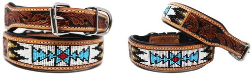 Hand Tooled Beaded Padded Leather Dog Collar  60129