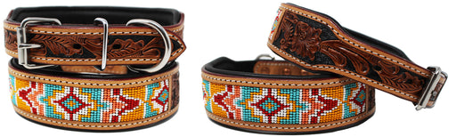 Hand Tooled Beaded Padded Leather Dog Collar  60164