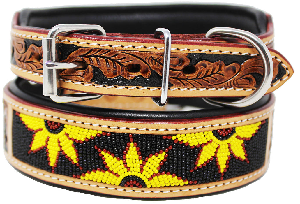 Sun Flower Hand Tooled Beaded Padded Leather Dog Collar 60166