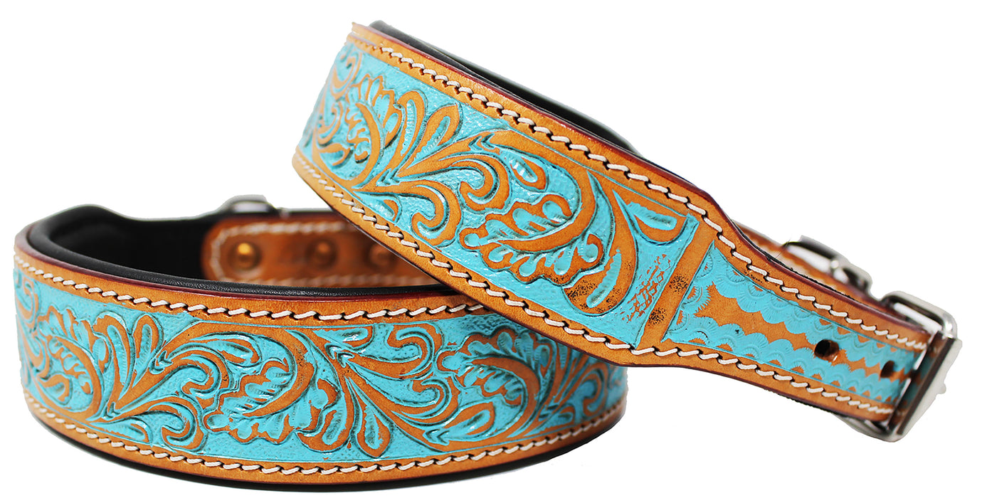 Padded Leather Dog Collar  Floral Hand Tooled 60167