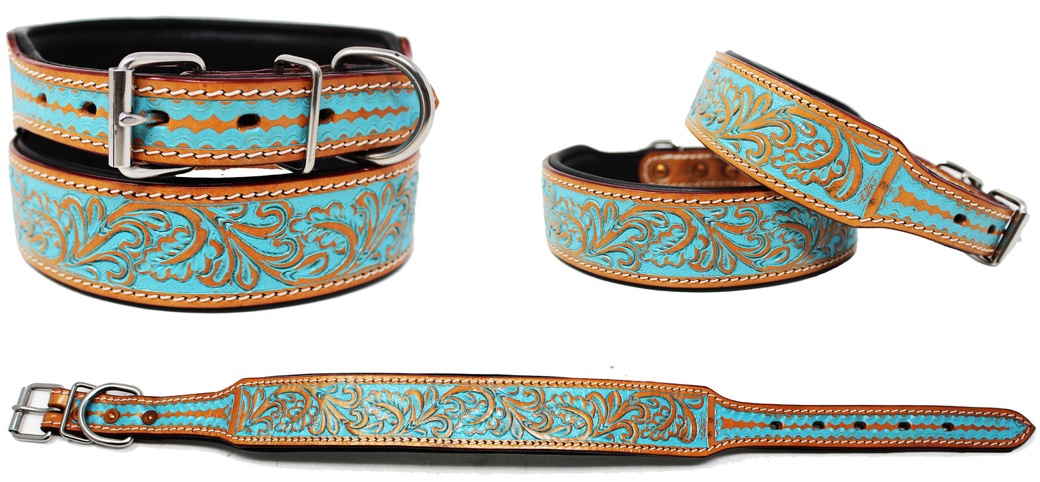 Padded Leather Dog Collar  Floral Hand Tooled 60167