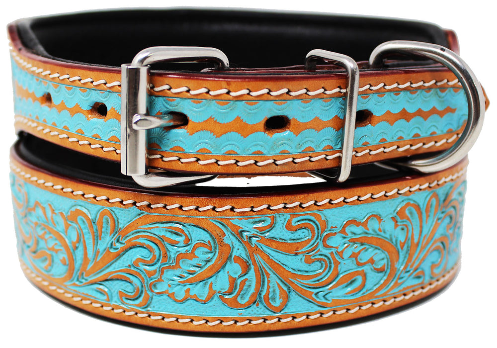 Padded Leather Dog Collar  Floral Hand Tooled 60167