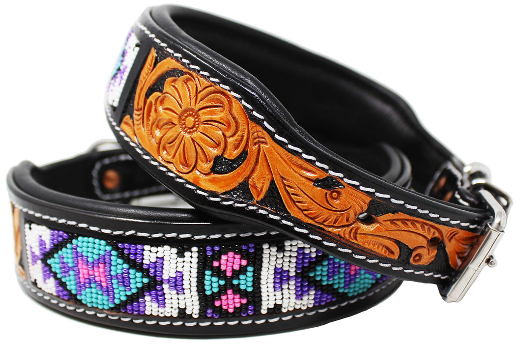 Amish 100% Leather Padded Dog Collar Beaded Floral Hand Tooled 60168