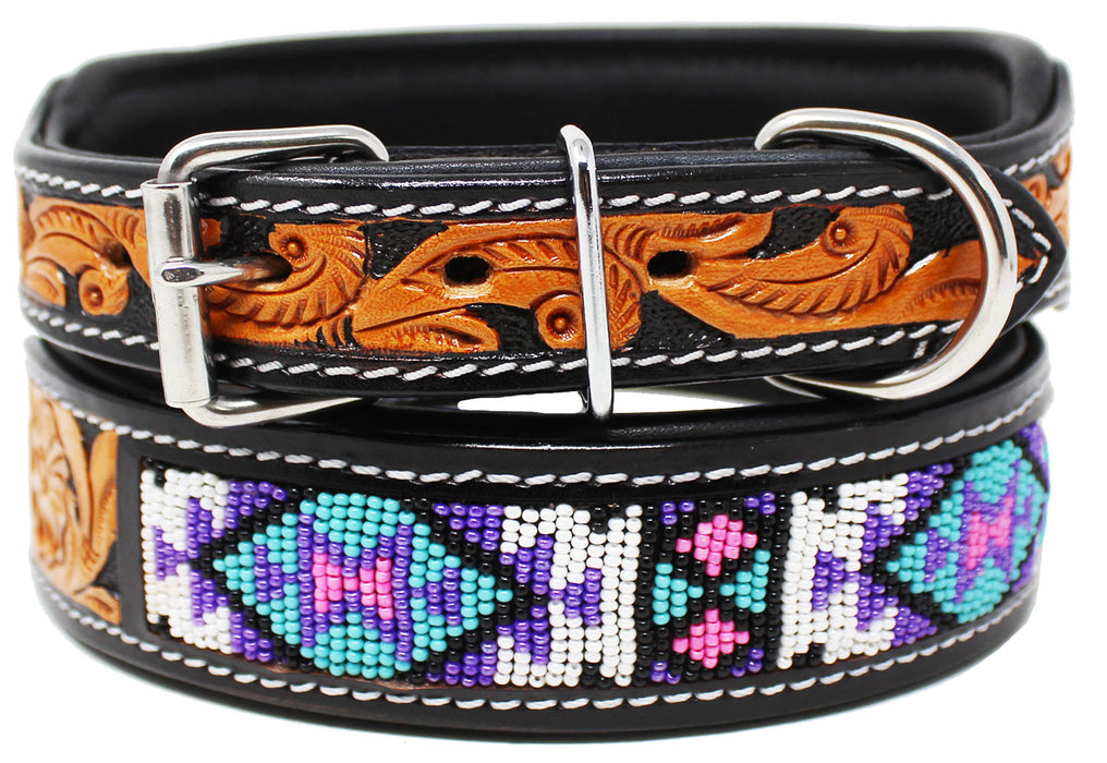 Amish 100% Leather Padded Dog Collar Beaded Floral Hand Tooled 60168