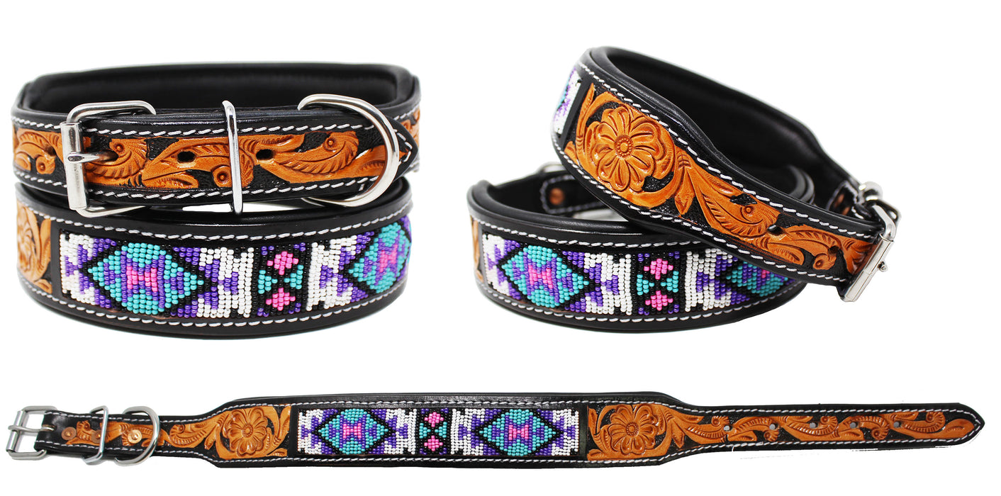 Amish 100% Leather Padded Dog Collar Beaded Floral Hand Tooled 60168