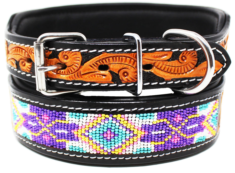 Padded Leather Dog Collar Beaded Floral Hand Tooled 60169