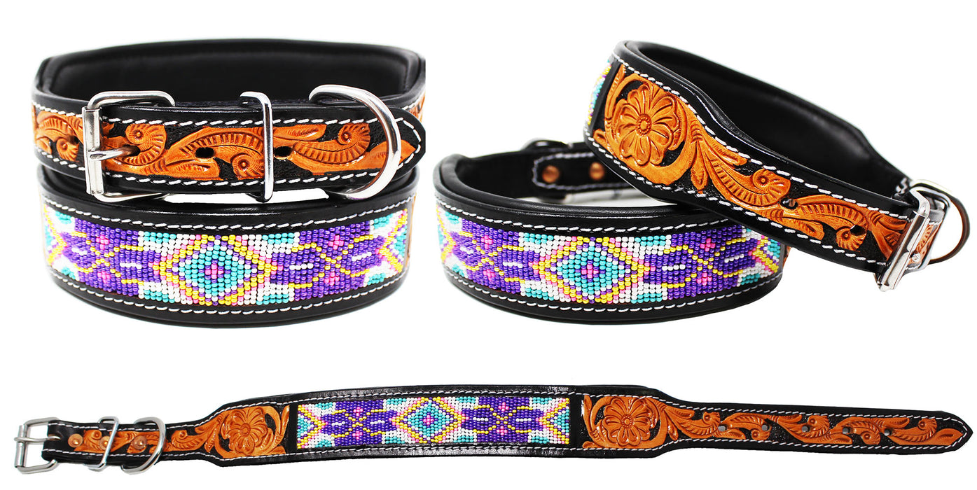 Padded Leather Dog Collar Beaded Floral Hand Tooled 60169