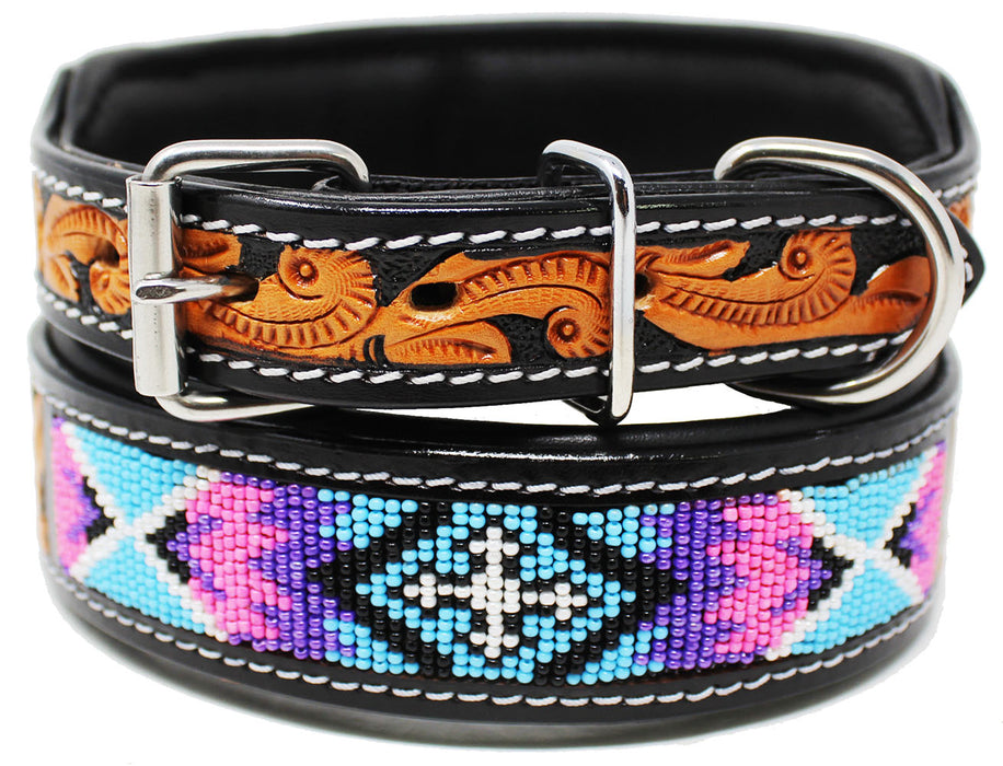 Padded Leather Dog Collar Beaded Floral Hand Tooled 60170