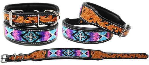 Padded Leather Dog Collar Beaded Floral Hand Tooled 60170