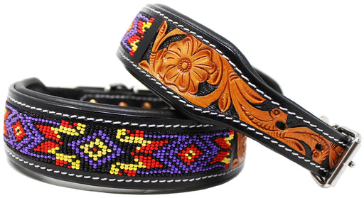 Padded Leather Dog Collar Beaded Floral Hand Tooled 60171