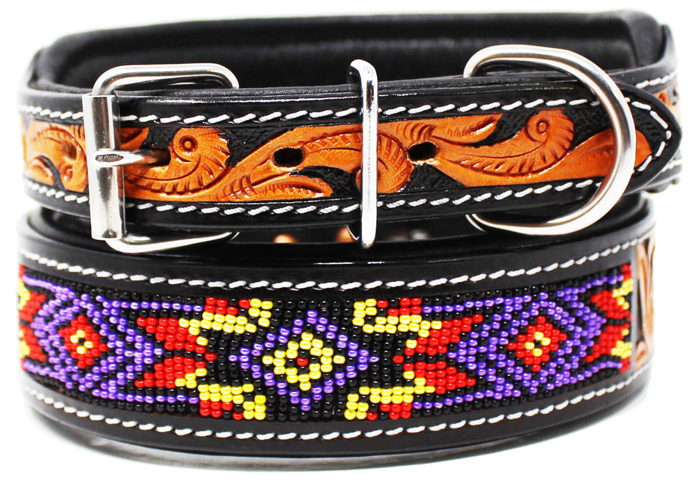 Padded Leather Dog Collar Beaded Floral Hand Tooled 60171