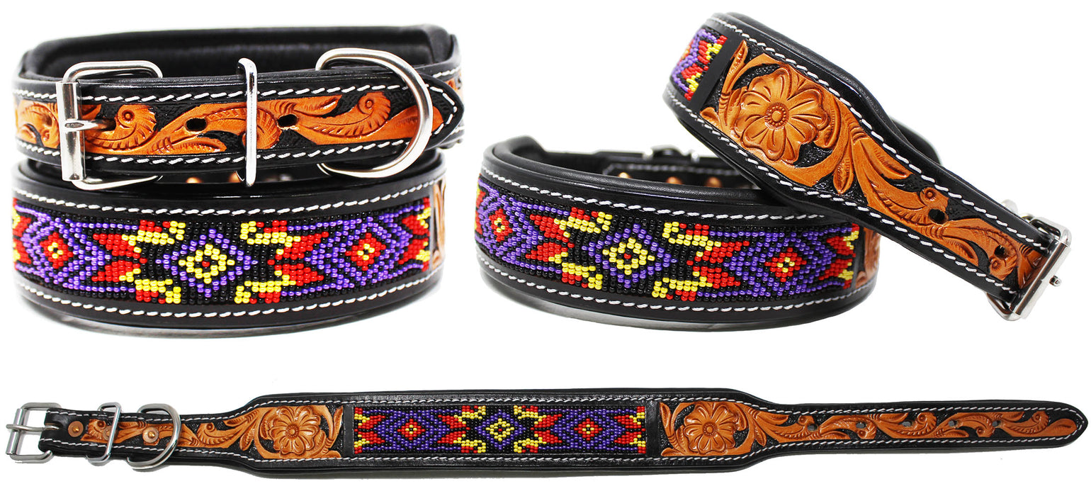 Padded Leather Dog Collar Beaded Floral Hand Tooled 60171