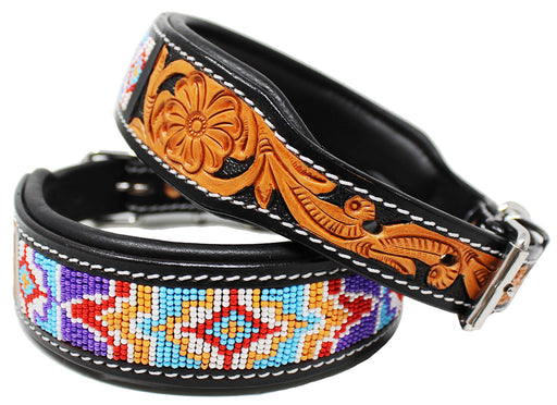 Padded Leather Dog Collar Beaded Floral Hand Tooled 60172