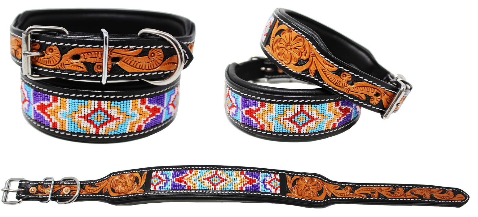 Padded Leather Dog Collar Beaded Floral Hand Tooled 60172